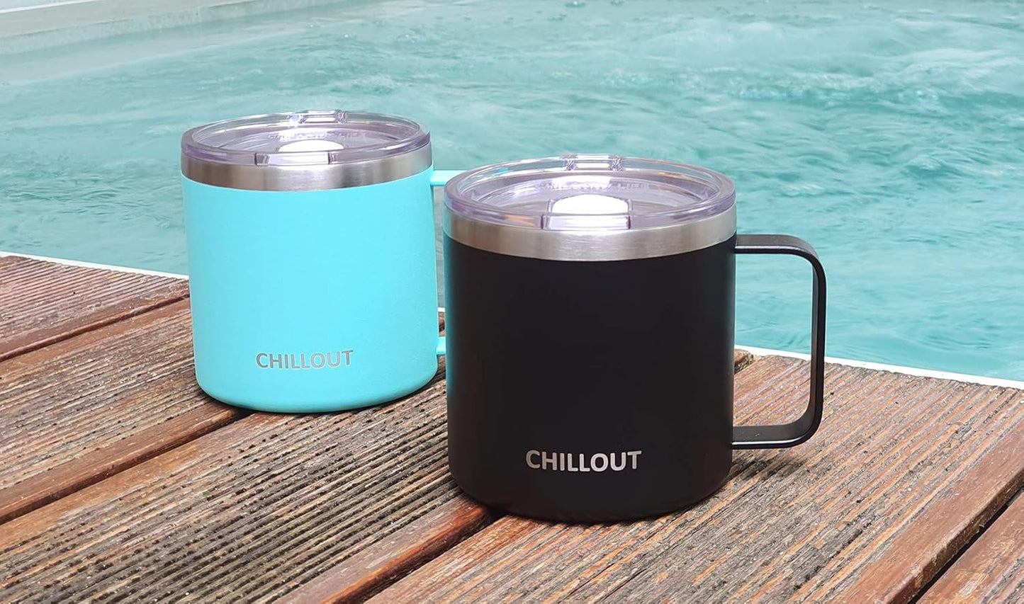 CHILLOUT LIFE Stainless Steel 16 oz Vacuum Insulated Coffee Mug with Handle and Lid, Large Thermal Camping Coffee Mugs with Sliding Lid for Men & Women - Keeps your Beverages Hot/Cold, 2 Pack