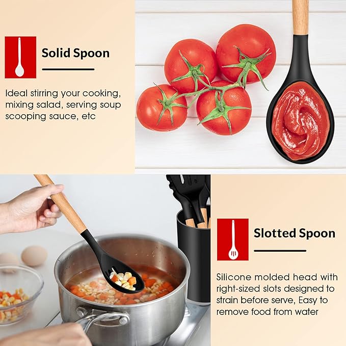 E-far Cooking Utensils Set of 6, Silicone Kitchen Utensils with Wooden Handle, Non-stick Cookware Friendly & Heat Resistant, Includes Spatula/Ladle/Slotted Turner/Serving Spoon/Spaghetti Server(Black)