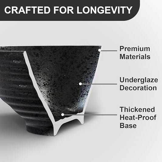 9.4Inch Ceramic Ramen Bowl Set of 4 (17 Piece) - Porcelain Japanese Salad Noodles Cereal Fruit Pasta Soup Large Bowls with Recipes Chopsticks Forks Spoons for Men Women Gift Microwave Dishwasher Safe