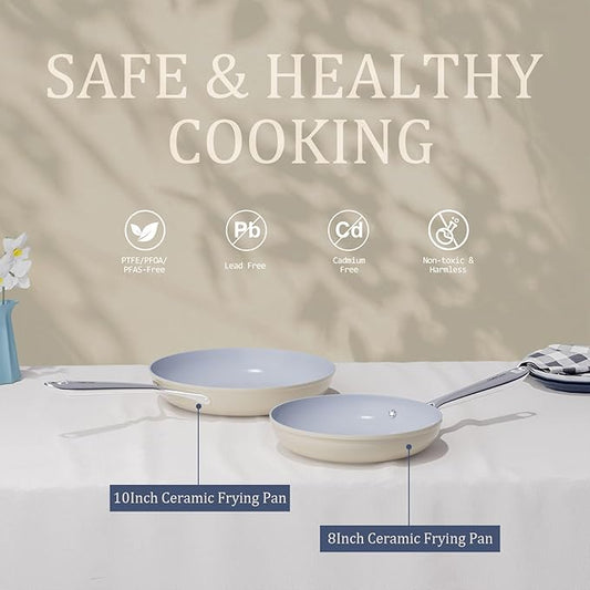 Nonstick Ceramic Frying Pan 8" for All Cooktops, PTFE/PFOA/PFAS Free, Even Heat Distribution Oven Safe up to 500°F, Healthy Non Toxic Skillet w/Ergonomic Stainless Steel Handle, Cream