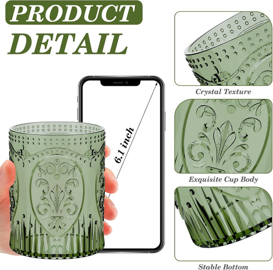 48 Plastic Vintage Drinking Glasses 8.5oz Stemless Retro Embossed Wine Glasses Shatterproof Reusable Cups for Baby Shower Wedding Reception Grand Event Party (Dark Green)