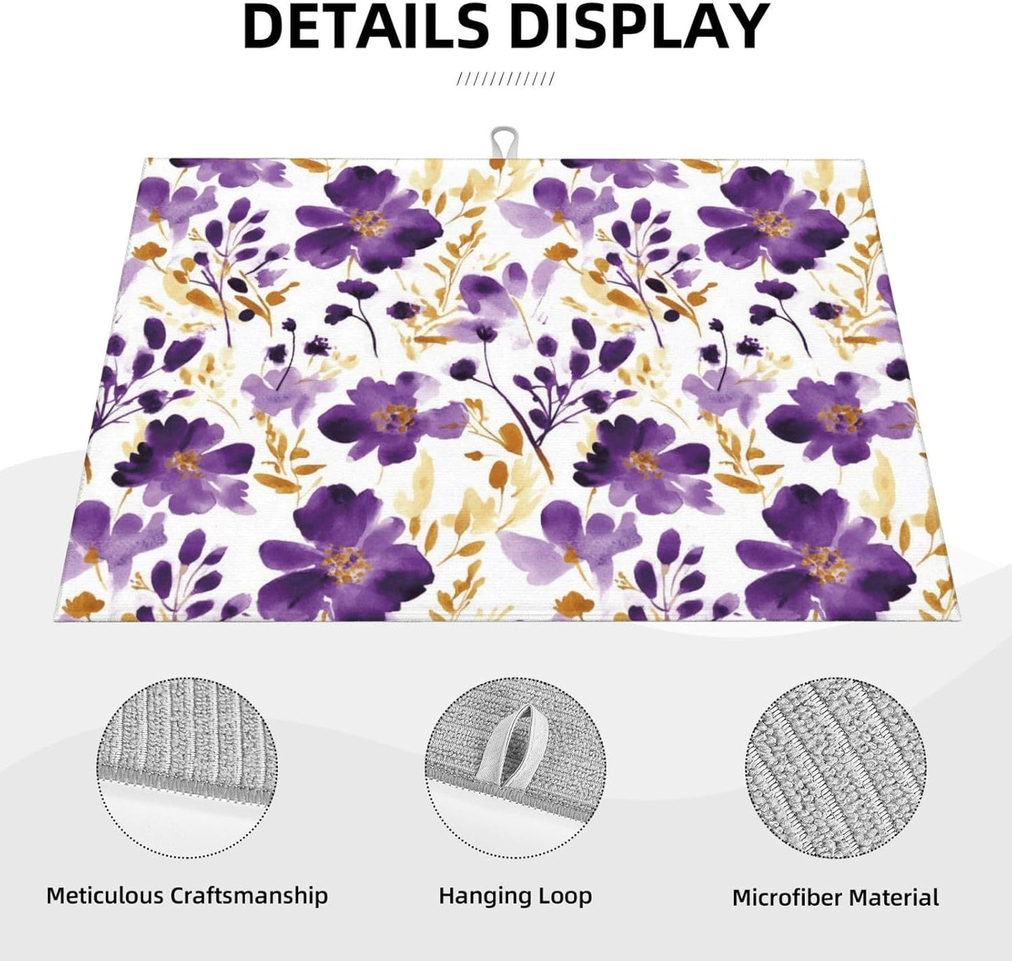 Purple Gold Floral Dish Drying Mats for Kitchen Counter & Sink, 18" x 24" Decorative Watercolor Flowers Dish Drainer Rack Mats, Absorbent Microfiber Drying Pad for Dishes, Gift for Women, Home Decor