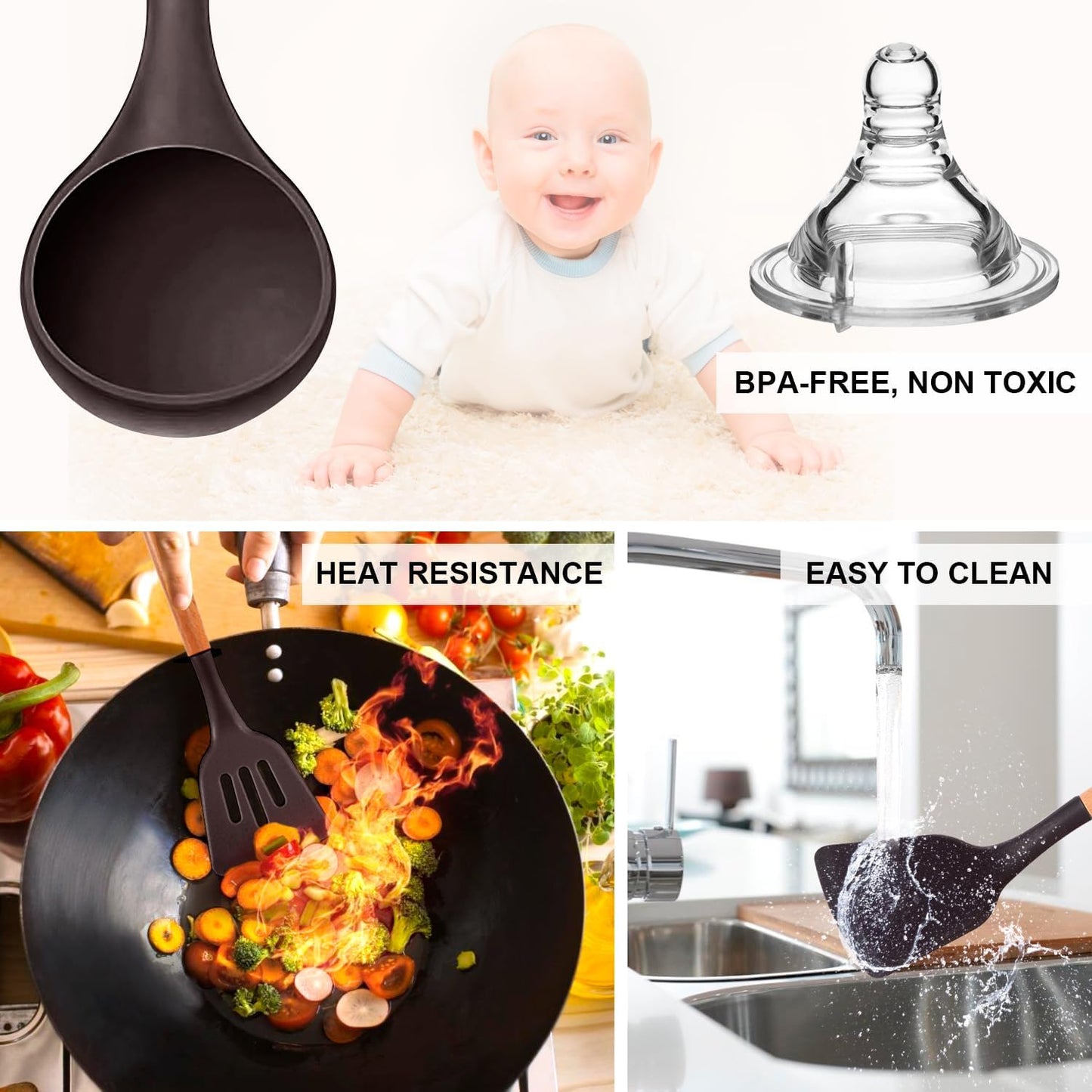 MIBOTE Silicone Cooking Kitchen Utensils Set with Holder, Wooden Handles BPA Free Non Toxic Silicone Turner Tongs Spatula Spoon Kitchen Gadgets Utensil Set for Nonstick Cookware (Coffee)