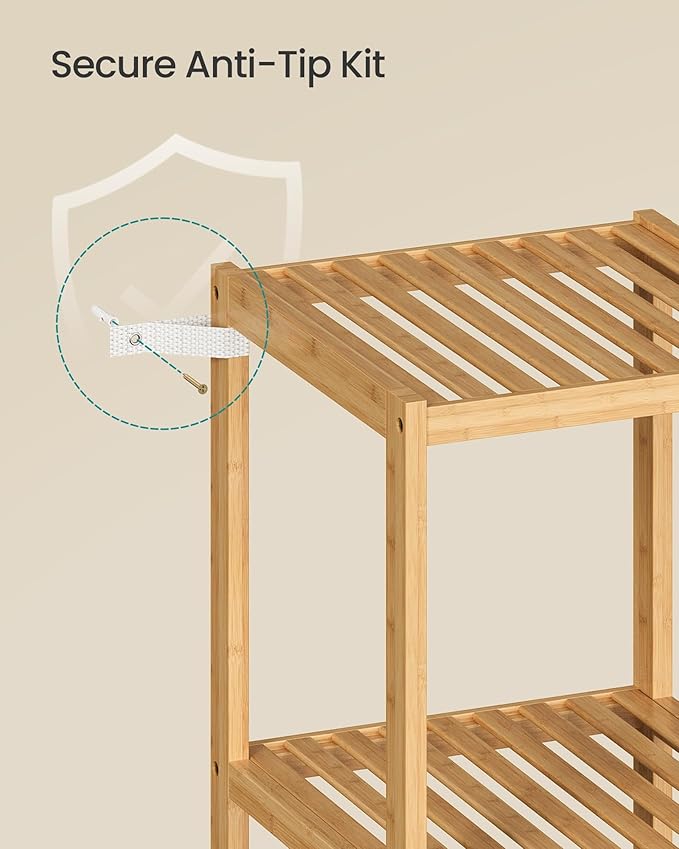 SONGMICS Bamboo Storage Shelf, 5-Tier Shelving Unit, Multifunctional, in the Entryway, Bathroom, Living Room, Balcony, Kitchen, 13 x 13 x 57.5 Inches, Light Bamboo UBCB55Y