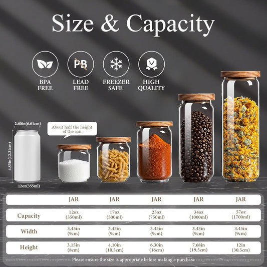 Glass Jars with Airtight Wood Lids - 57 oz Large Kitchen and Pantry Storage Containers, Canisters for Spaghetti, Noodles, Pasta, Ground Coffee, Sugar, Cereal, Set of 2