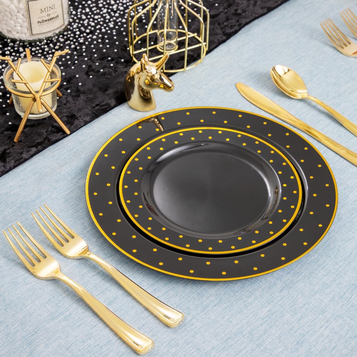 DaYammi 200Pcs Black and Gold Plates Black Plastic Disposable Plates for Party Black Gold Supplies Includes 40 Dinner Plate,40 Dessert Plate,40 Forks,40 Knives,40 Spoons for Halloween Party
