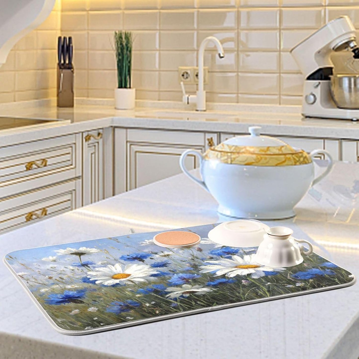 White Daisies and Cornflowers Dish Drying Mat for Kitchen Counter Super Absorbent Dishes Pad Reversible Microfiber Protector Dish Draining Mats 16x18 inch