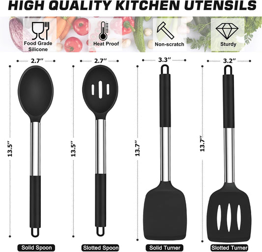 TeamFar Kitchen Utensils, 4 PCS Silicone Cooking Utensils Spatula Spoon Set with Stainless Steel Handle, for Frying Mixing Draining Turning, Healthy & Heat-proof, Non-stick & Dishwasher Safe - Black