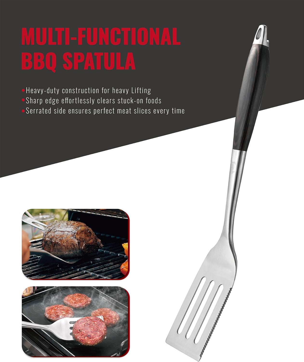 Stainless Steel BBQ Tool Set | Dark-Dyed Wood Handles | Heavy Duty Grilling Accessories | 3-Piece Outdoor Barbecue Grill Utensil Set with Spatula, Fork, and Tongs - Ideal Gift for Men…