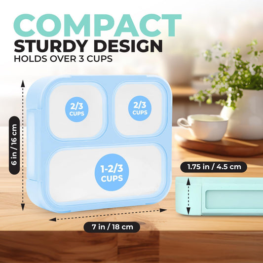 Medium Bento Box for Kids, Lunch-Box Snack Container for Boys Girls Toddler Baby Daycare Pre-School, Leakproof 3 Divider Containers for Lunches Snacks (Pastel Blue +Teal 2 pack)