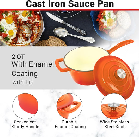Enameled Cast Iron Sauce Pan, 2 Quarts Round Sauce Pot with Lid, Mini Dutch Oven Enamel Saucepan for Cooking Pasta Sauce, Marinate, Cook, Refrigerate and Serve, Flame Orange