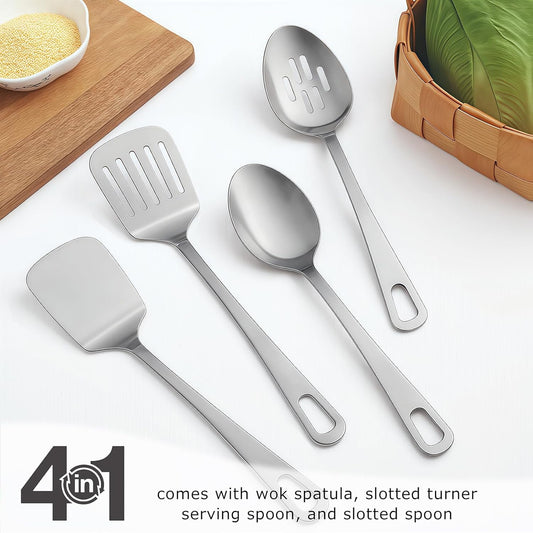 Cooking Utensils Set 4pcs - Stainless Steel Kitchen Utensils, Heavy Duty Metal Utensils Set with Stainless Steel Spatula Set Wok Spatula, Serving Spoons, Ergonomic Handle and Dishwasher Safe