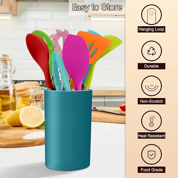 Kitchen Utensils Set of 12, E-far Silicone Cooking Utensils with Holder, Non-stick Cookware Friendly & Heat Resistant, Includes Spatula Tong Whisk Ladle Brush Slotted Turner Spoon(Multi-colored)