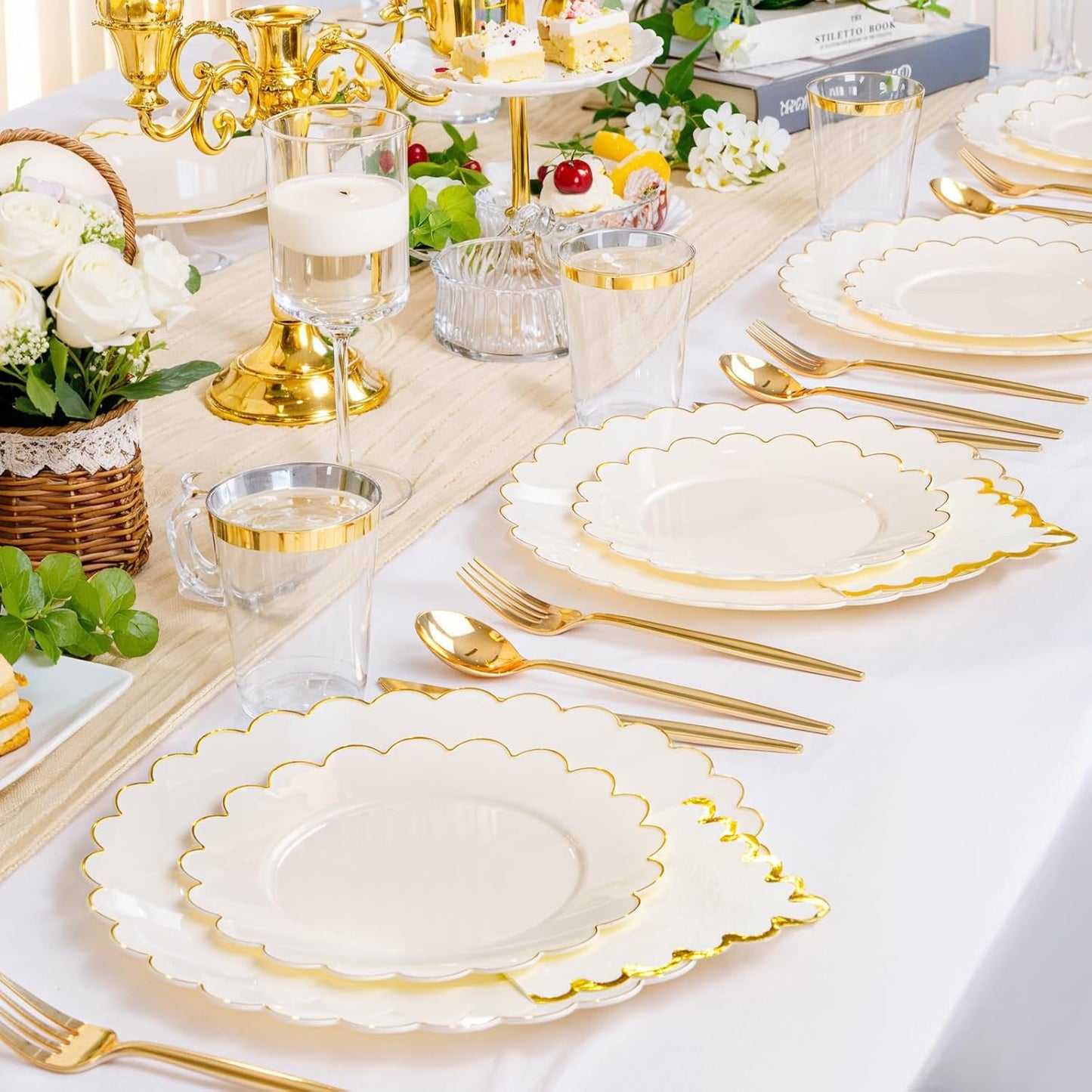 LIYH 210 Pcs Ivory Plastic Plates Thanksgiving Plastic Plates Cream Gold Scalloped Plate Thanksgiving Dinnerware sets Include Plate Gold Silverware Napkins Cup for Birthday Friendsgiving Day 30 Guests