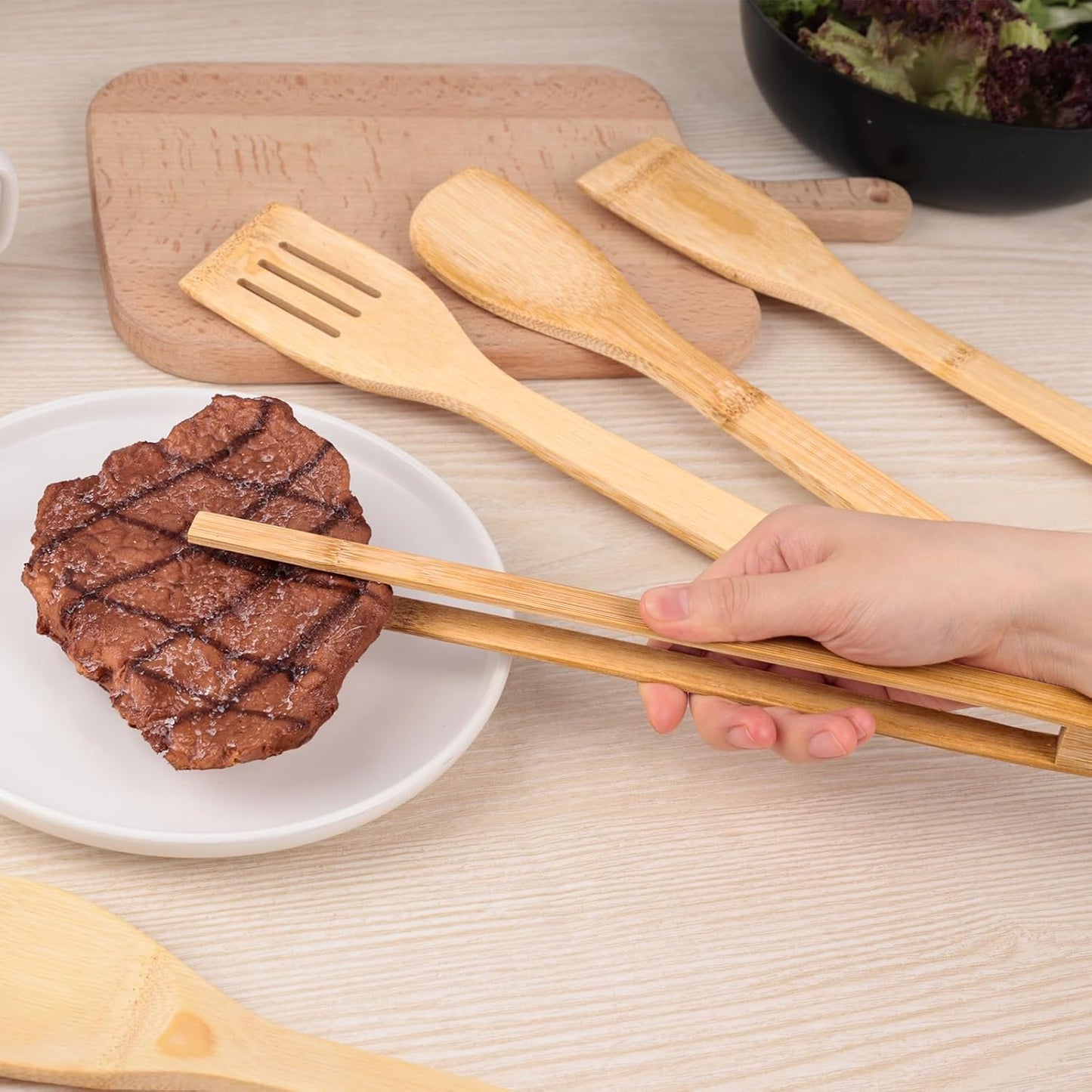 HANSGO Wooden Spoons for Cooking, 7PCS Kitchen Bamboo Cooking Utensils, Wooden Utensil Set for Stirring, Mixing, Serving, Nonstick, Healthy