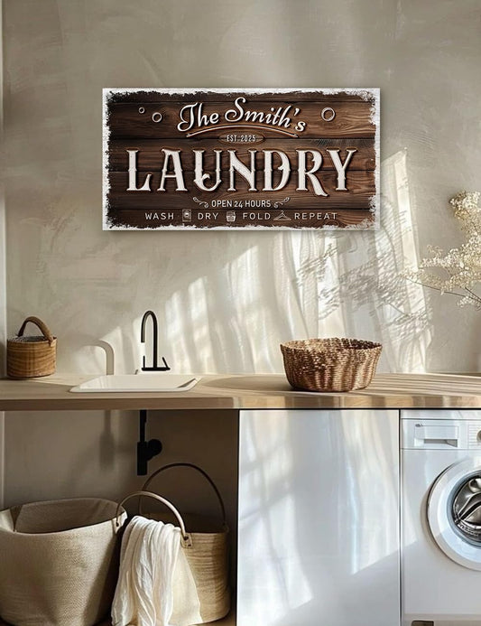 IPIC - Personalized Laundry Room Sign, Custom Canvas Wall Art with Family Name, Rustic Home Decor Printed Acid-Free Cotton Canvas for Business and Home, Made in USA and Ready to hang for Laundry Decor