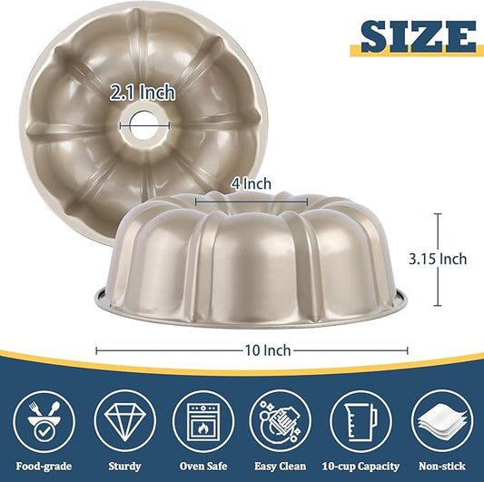 P&P CHEF 10 Inch Light Gold Non-stick Cake Pan, Carbon Steel Fluted Tube Round Baking Pan for Pound Cake, 10-Cup Large Capacity Bakeware, Healthy & Heavy Duty, 2 Pieces