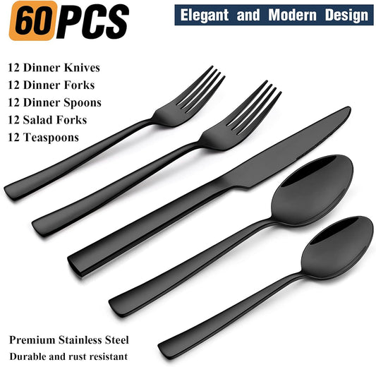 Wildone 60-Piece Black Silverware Set, Stainless Steel Flatware Square Cutlery Set Service for 12, Eating Utensils Include Knife Fork Spoon, Mirror Polished & Dishwasher Safe