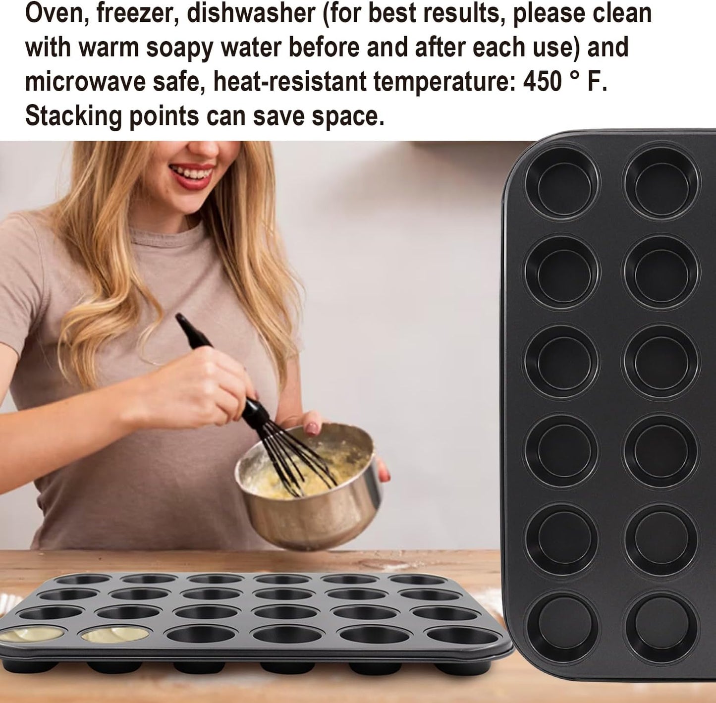 2 Packs Round Muffin Baking Pan, Premium Steel Muffin Pan for Baking, Nonstick Cupcake Tin Cheesecake Pans, Bakeware Muffin Top Pan (24 Cups, Black)