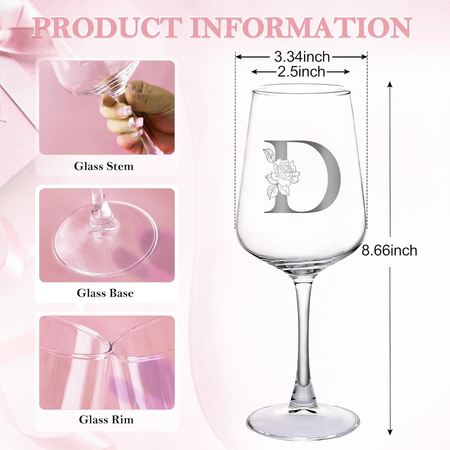 Personalized Wine Glass Gifts for Women, Monogrammed A-Z Wine Glass with Gift Box & Greeting Card, Customized Wine Glasses Initial Wine Glasses Gift for Birthday, Mothers Day, Best Friend, Sister (D)