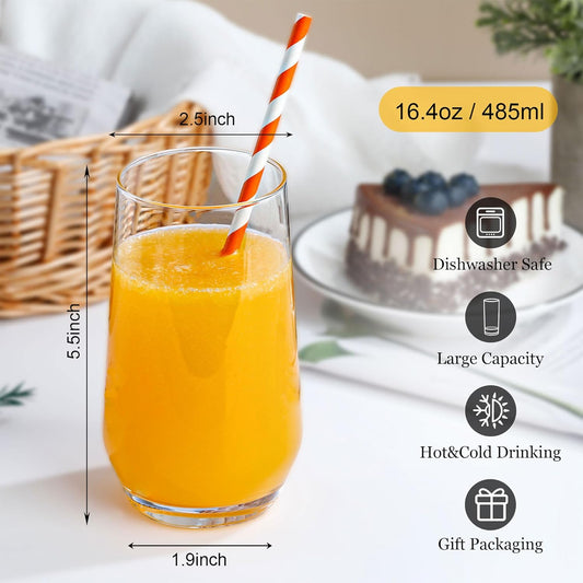 Drinking Glasses Set of 6, 16.4oz Highball Glasses, Crystal Clear Tall Glass Cups for Cocktail, Juice, Iced Tea, Mojito and Smoothies, Clear Glassware Set