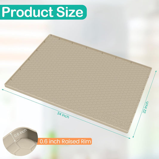 Waterproof Under Sink Mat 34" x 22", Silicone Cabinet Liner, Rubber Protector for Kitchen and Bathroom, Keeps Cabinets Clean, Dry, and Organized (Khaki)