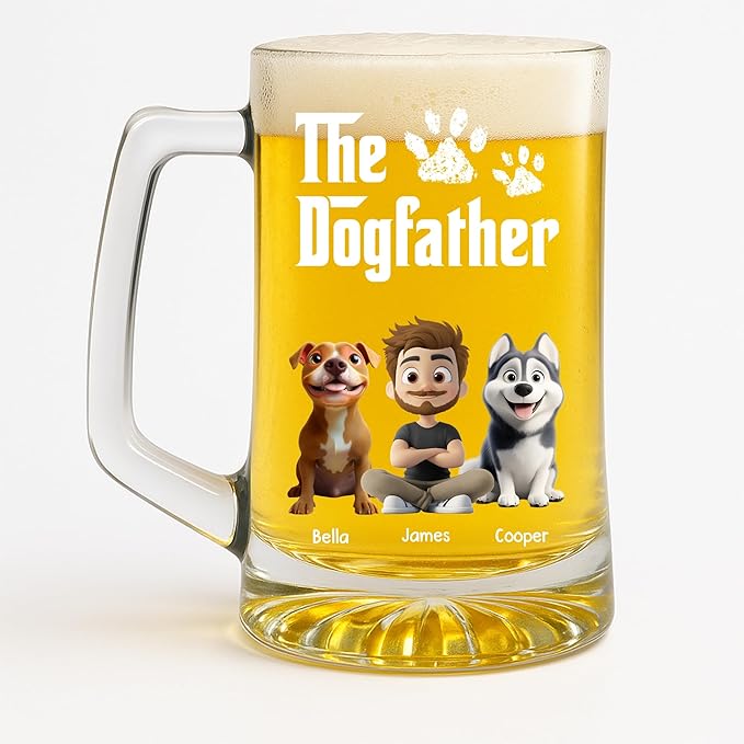 Wrappiness Gift for Dad - Cool Dog Father Personalized Beer Glass With Handle, Custom Breeds and Man Appearance Lovely Fathers Day Pet Papa Gift for Men Pet Lovers, Cute Puppy Owner Drinking Cup
