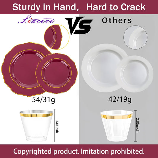 Liacere 350PCS Red Plastic Plates-Disposable Burgundy Red and Gold Plates 50guest Baroque Plastic Dinnerware include 100Plates, 50Pack Pre Rolled Napkins with Silverware 50Cups for Christmas