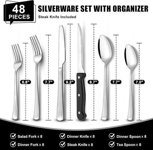 49-Piece Silverware Set with Organizer, Stainless Steel Roman Column Flatware for 8, Cutlery Utensil Sets with Steak Knives, Rust-proof, Mirror Polished, Dishwasher Safe