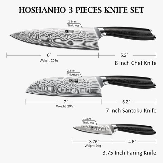HOSHANHO 3 Pieces Knife Set, Professional High Carbon Powder Steel Kitchen Knife Set, Ultra Sharp Knives Set for Kitchen with Elegant Gift Box