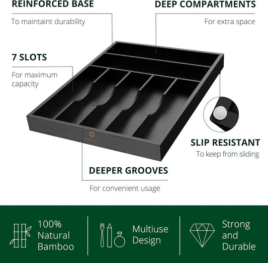 ROYAL CRAFT WOOD Luxury Bamboo Kitchen Drawer Organizer - Silverware Organizer - Utensil Holder and Cutlery Tray with Grooved Drawer Dividers for Flatware and Kitchen Utensils (7 Slot, Black)