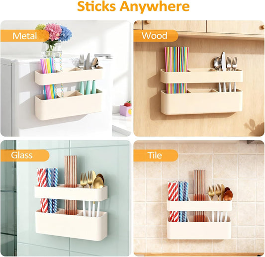 2-Pack Silicone Straw Holder for Cabinet Door,Reusable Adhesive Container for Kitchen Storage Solutions, Cupboard Organizer and Space Saving Hacks (White)