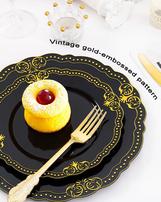 Ciaell 175 PCS Black and Gold Plastic Plates - Black Disposable Dinnerware Set with 50 Plates, 25 Knives, 25 Forks, 25 Spoons, 25 Cups, 25 Napkins for Halloween, New Year’s Day, Parties and Weddings