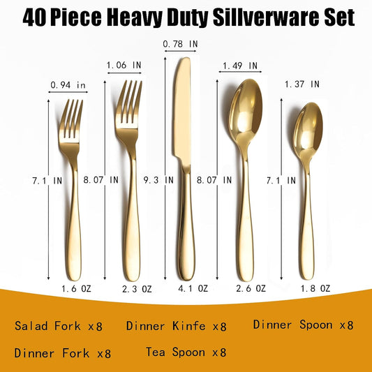 40-Piece Gold Silverware Set, Flatware Set for 8, Food-Grade Stainless Steel Tableware Cutlery Set, Mirror Finished Utensil Sets for Home Restaurant, Forks Spoons and Knives Set, Dishwasher Safe