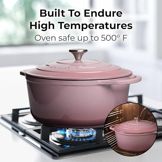 Zulay Kitchen 5 Quart Enameled Cast Iron Dutch Oven Pot with Lid – Premium Durability & Oven Safe up to 500°F – Heavy Duty Cookware Perfect for Bread Baking, Stews, Braising & Roasting – Pink