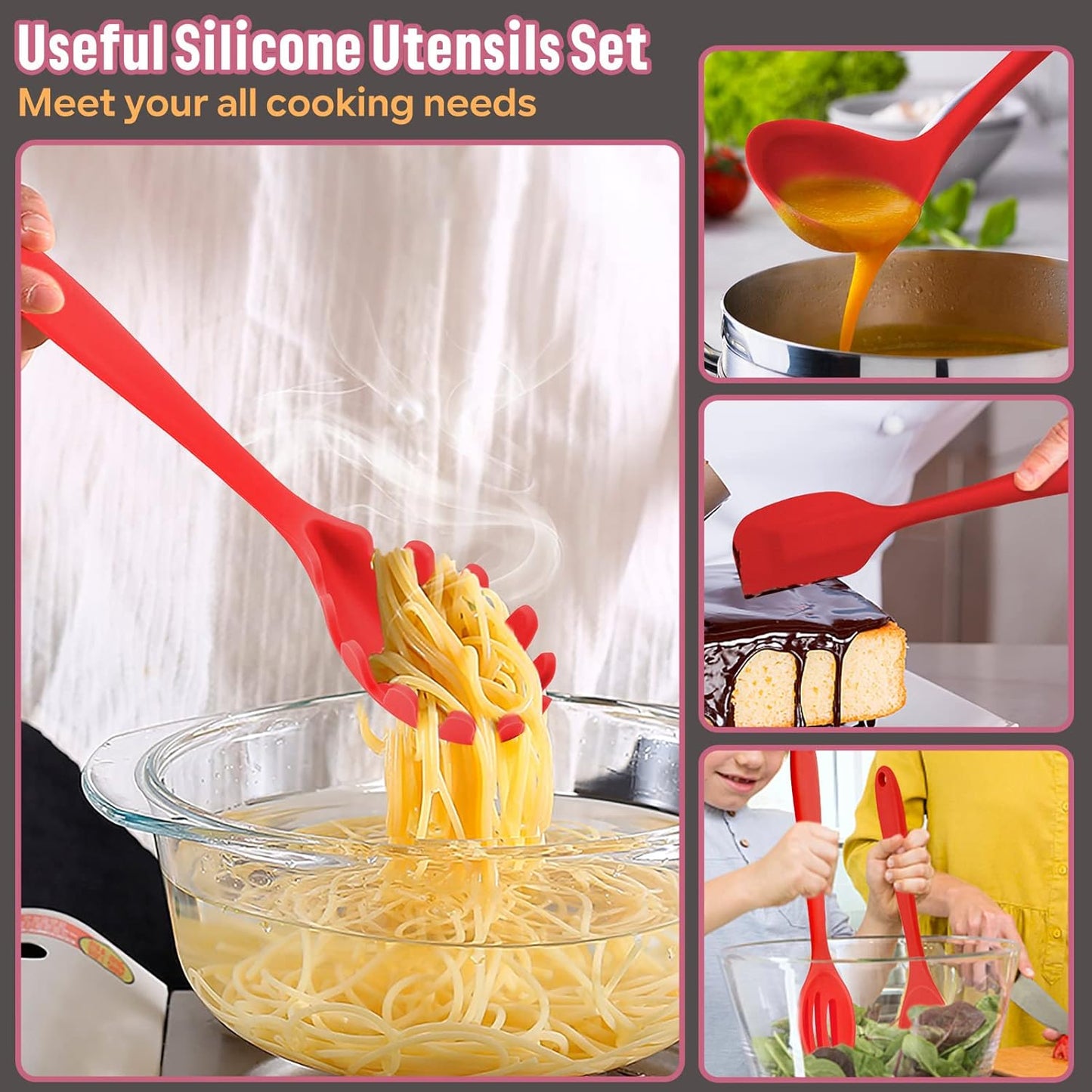 Silicone Cooking Utensils Set, E-far 7-Piece Red Heat Resistant Kitchen Utensils Set, Kitchen Nonstick Tools Spatula Ladle Spoon Pasta Server for Non-stick Cookware, Non-Toxic & Dishwasher safe