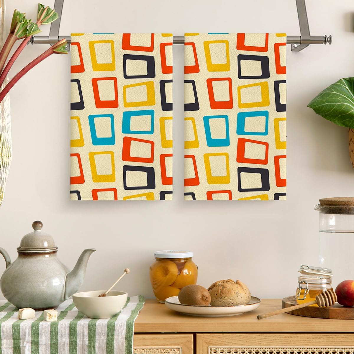 Cukemip Mid Century Modern Kitchen Towel Decorative Set of 2, Absorbent Retro Dish Towels Teal Towels for Kitchen Bar Baking Drying Cleaning,Housewarming Gifts for Women