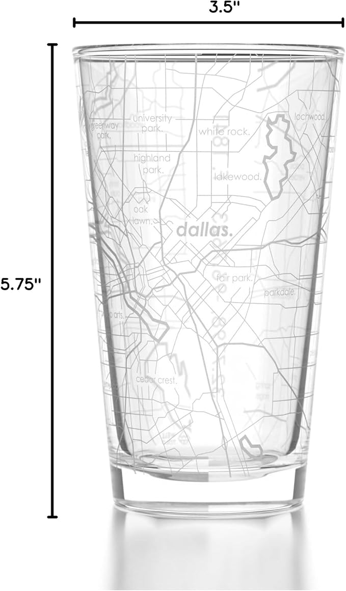 Well Told Engraved Dallas Texas Map Pint Glass, Etched Beer Gift (16 oz, Clear) City Map Pint, Custom City Glassware, Gifts For Beer Lovers