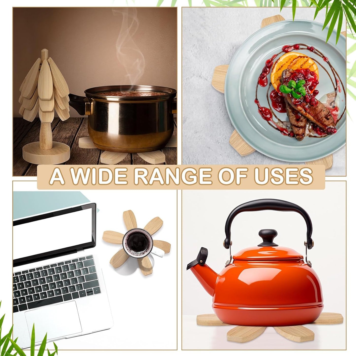 Wooden Tree Coaster Trivets Wood Trivets Set for Hot Dishes Set of 4 Christmas Tree Shape Foldable Wooden Coaster and 1 Stand Natural Trivet for Cups Plates Bowls Pots(Burly Wood Color)