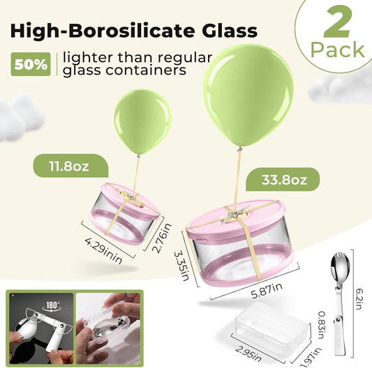 Glass Food Storage Containers with Airtight Lids, 33.8oz & 11.8oz High-Borosilicate Glass Meal Prep Containers with Spork, Bento Lunch Boxes for Salad, Ramen, Soup, Snacks, Fruit - 2 Pack, Pink