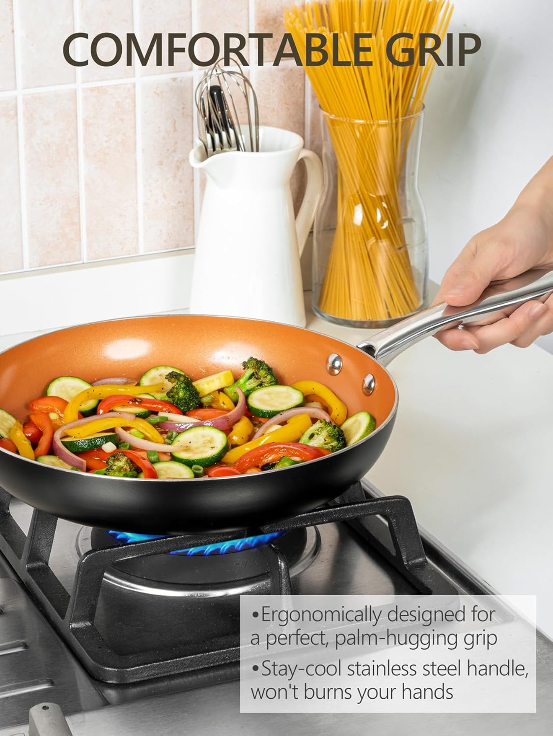 MICHELANGELO 10 Inch Copper Nonstick Frying Pan with Lid, Scratch Resistant Ceramic Coating, Oven and Dishwasher Safe