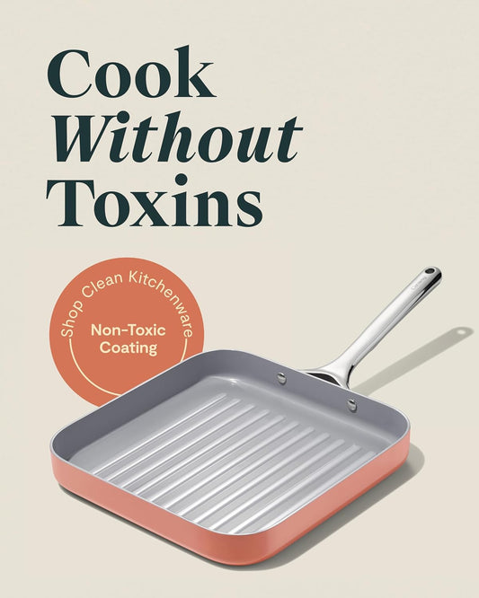 Caraway Square Grill Pan - 11” Grill Pan - Non-Stick Ceramic Coated - Non Toxic, PTFE & PFOA Free - Oven Safe & Compatible with All Stovetops - Perracotta
