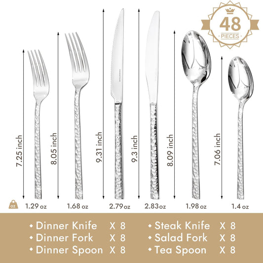 KINGSTONE 48 Piece Silverware Set with Steak Knives, Hammered Silverware Set for 8, 18/10 Stainless Steel Flatware, Cutlery Set for Home, Party, Wedding, Mirror Polished Dishwasher Safe