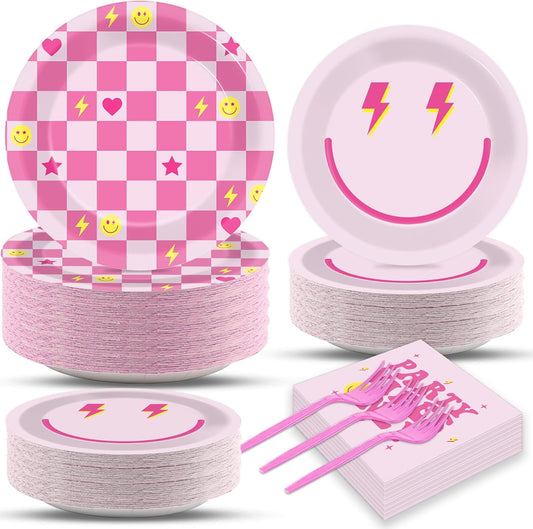 200Pcs Preppy Party Supplies Pink Smile Face Paper Plates Napkins Preppy Smile Face Party Tableware Set Dinnerware for Birthday Bachelor Baby Shower Decoration Serve 50