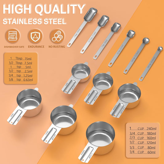 Stainless Steel Measuring Cups & Spoons Set for Cooking and Baking, Nesting Measuring Cups Measuring Spoons for Measuring Dry or Liquid Ingredients, Kitchen Gadgets, 12Pack