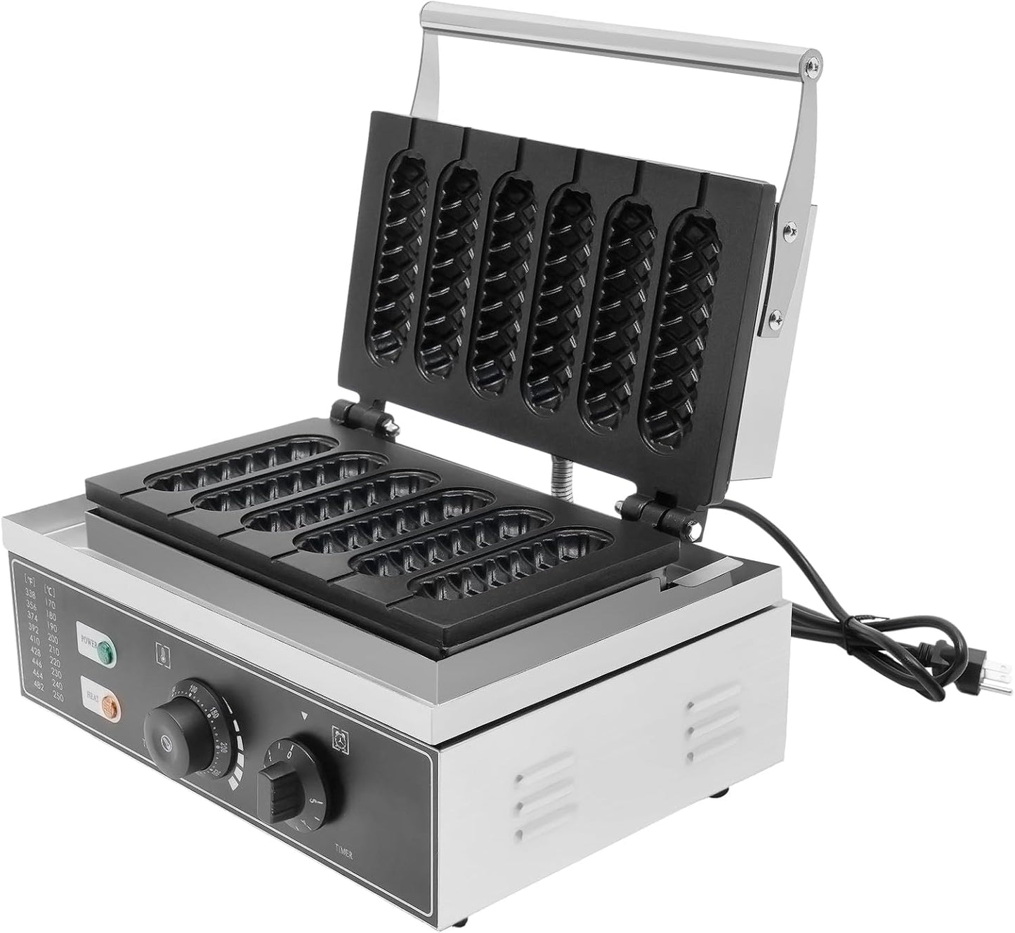 6pcs Hot Dog Waffle Machine,Commercial Nonstick Hot Dog Machine French Muffin Irons Stainless Steel Hot Dog Corn Maker and Waffle Stick Maker 50-300℃ Temp Control Kitchen Equipment