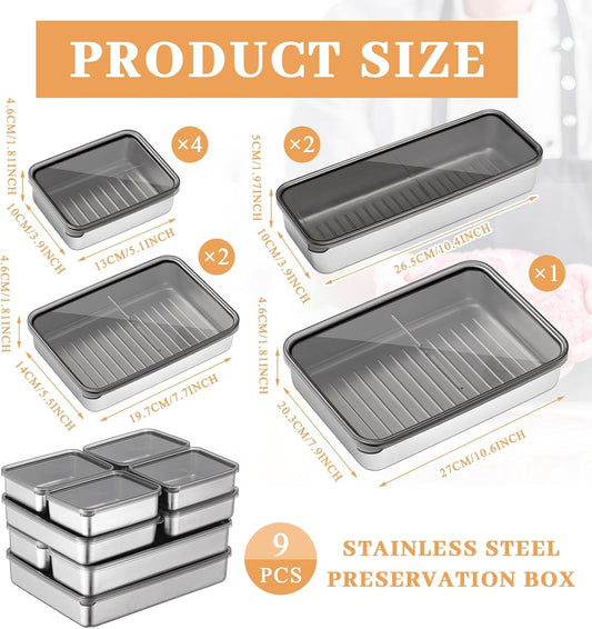 Hushee 9 Pack Bacon Cheese Container for Refrigerator, 304 Stainless Steel Airtight Deli Meat Container, Dishwasher Safe Fridge Storage Fruit Lunch Storage with Lids for Fridge, 4 Sizes