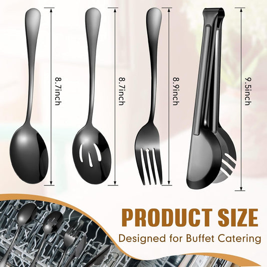 Patelai 15 Pieces Christmas Stainless Steel Black Serving Utensils Set 8.7" Large Spoons and Slotted Spoon 9.45" Tong 9" Forks Flatware Wedding Party Buffet Banquet Cooking Kitchen Catering