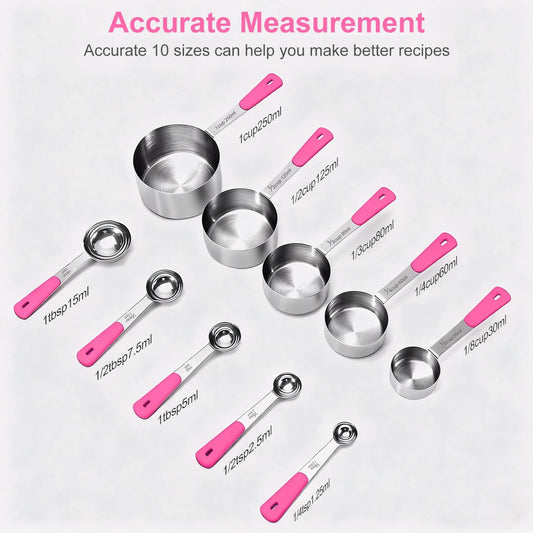 Measuring Cups and Spoons Set, Stainless Steel 10 Piece for Cooking and Baking (5 Cups + 5 Spoons, Pink Handle)