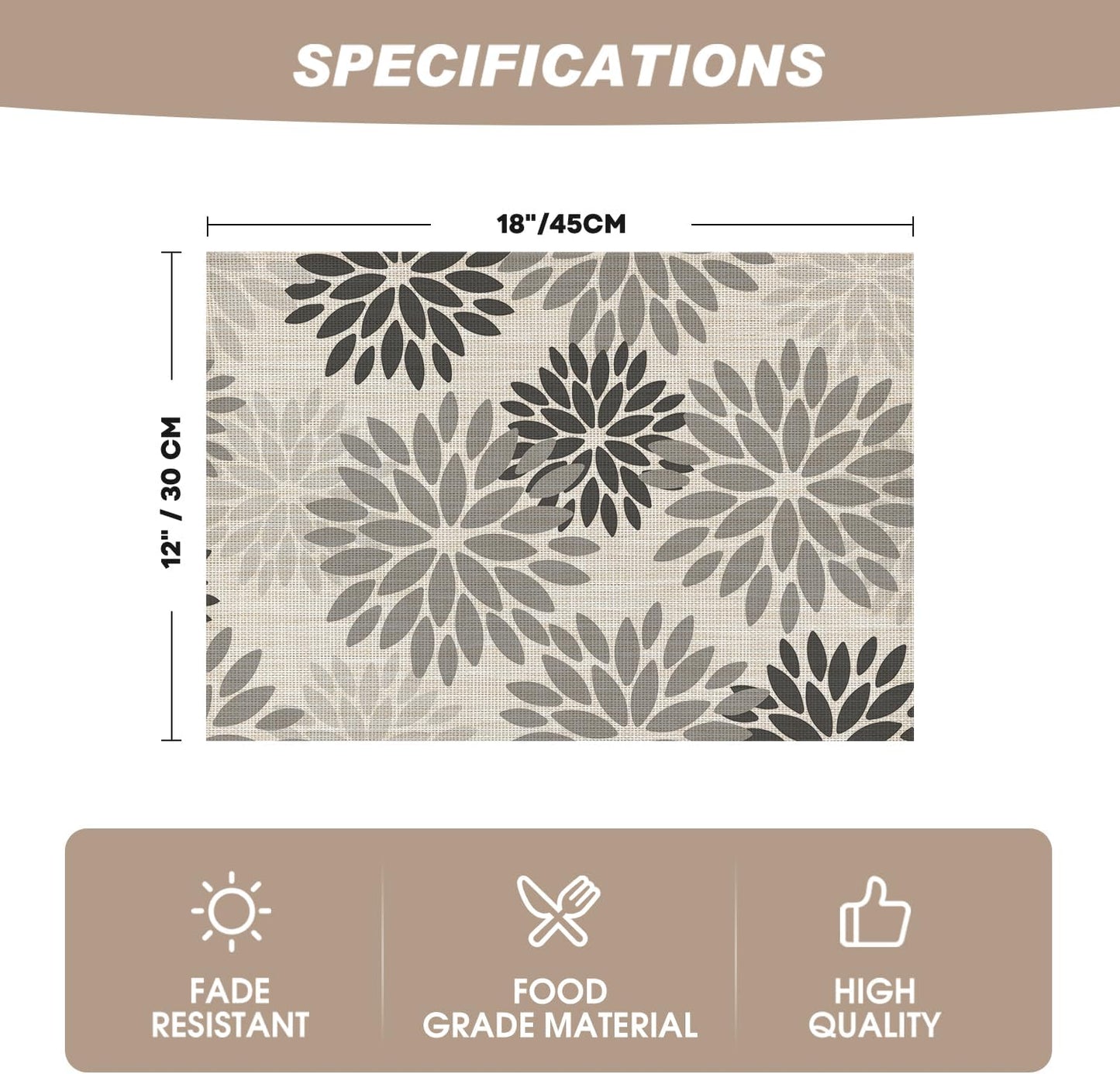 Artoid Mode Floral Vinyl Placemats Set of 6, Heat Resistant Washable Non-Slip Plistic PVC Place Mats for Halloween Party Kitchen Dining Decor, Gray